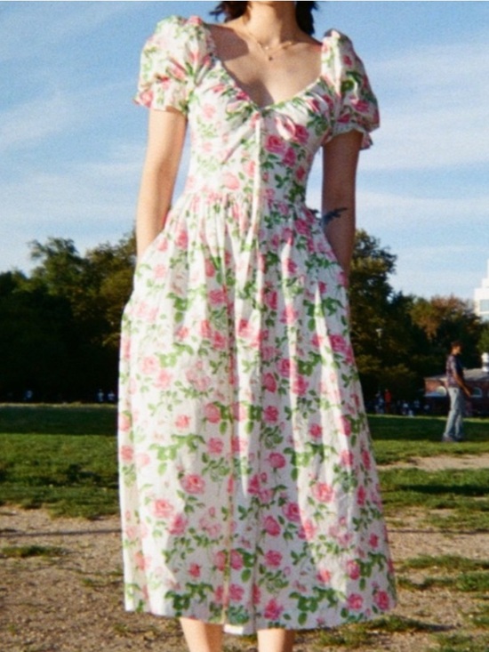 Hill House Dresses & Skirts - Hill House The Ophelia Dress Rose Print Puff Sleeve Nap A-line Midi XXS NEW